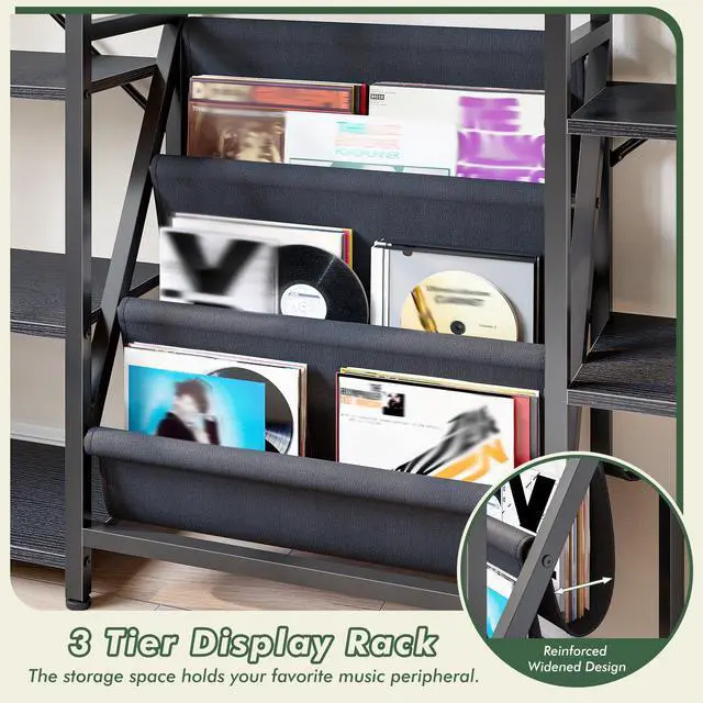 Alt view image 3 of 6 - Triple Column 5 Tier Bookshelf with 11 Wooden Display Shelves and 3 Fabric Bags, Large Bookcase with Metal Frame for Home Office, Bedroom, Black