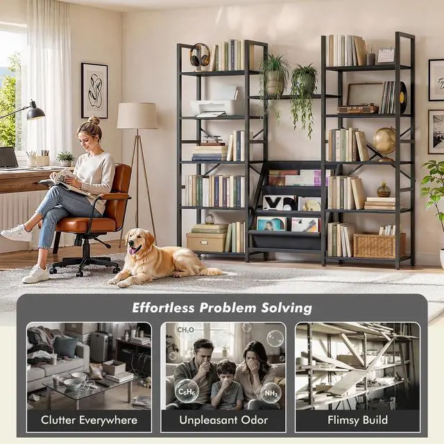Alt view image 5 of 6 - Triple Column 5 Tier Bookshelf with 11 Wooden Display Shelves and 3 Fabric Bags, Large Bookcase with Metal Frame for Home Office, Bedroom, Black