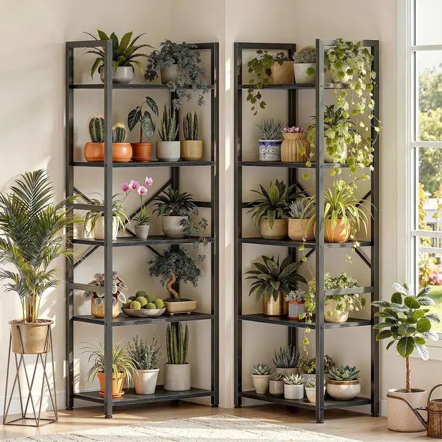 Alt view image 6 of 6 - Triple Column 5 Tier Bookshelf with 11 Wooden Display Shelves and 3 Fabric Bags, Large Bookcase with Metal Frame for Home Office, Bedroom, Black