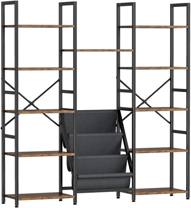 Main image of Triple Column 5 Tier Book Shelf with 11 Open Display Shelves and 3 Fabric Bags, Large Bookcase for Home Office, Bedroom, Rustic Brown