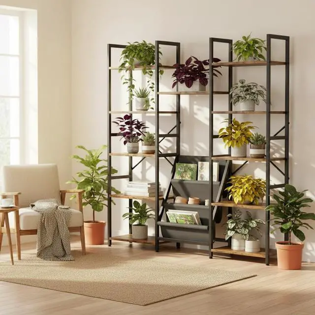 Alt view image 2 of 6 - Triple Column 5 Tier Book Shelf with 11 Open Display Shelves and 3 Fabric Bags, Large Bookcase for Home Office, Bedroom, Rustic Brown