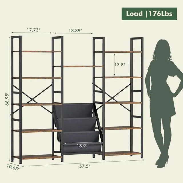 Alt view image 3 of 6 - Triple Column 5 Tier Book Shelf with 11 Open Display Shelves and 3 Fabric Bags, Large Bookcase for Home Office, Bedroom, Rustic Brown
