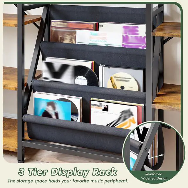 Alt view image 4 of 6 - Triple Column 5 Tier Book Shelf with 11 Open Display Shelves and 3 Fabric Bags, Large Bookcase for Home Office, Bedroom, Rustic Brown