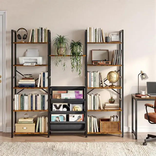 Alt view image 6 of 6 - Triple Column 5 Tier Book Shelf with 11 Open Display Shelves and 3 Fabric Bags, Large Bookcase for Home Office, Bedroom, Rustic Brown