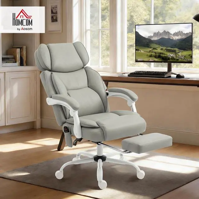 Alt view image 2 of 6 - Massage Office Chair with Lumbar Heat, Ergonomic Executive Desk Chair with Adjustable Headrest, 6 Points Vibration, High Back, Reclining, Padded Armrests, Footrest, PU Leather, Light Gray