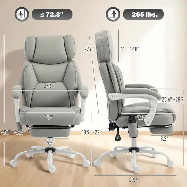 Alt view image 3 of 6 - Massage Office Chair with Lumbar Heat, Ergonomic Executive Desk Chair with Adjustable Headrest, 6 Points Vibration, High Back, Reclining, Padded Armrests, Footrest, PU Leather, Light Gray