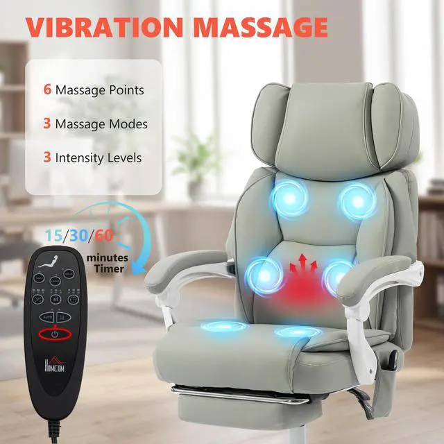 Alt view image 4 of 6 - Massage Office Chair with Lumbar Heat, Ergonomic Executive Desk Chair with Adjustable Headrest, 6 Points Vibration, High Back, Reclining, Padded Armrests, Footrest, PU Leather, Light Gray