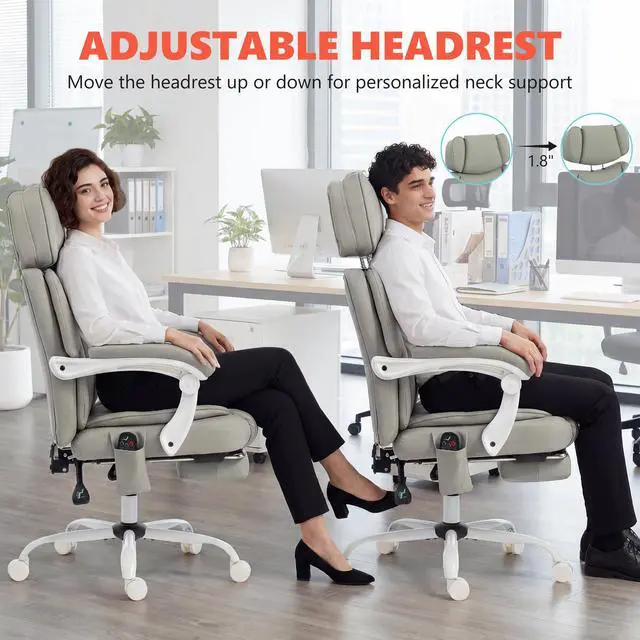 Alt view image 5 of 6 - Massage Office Chair with Lumbar Heat, Ergonomic Executive Desk Chair with Adjustable Headrest, 6 Points Vibration, High Back, Reclining, Padded Armrests, Footrest, PU Leather, Light Gray