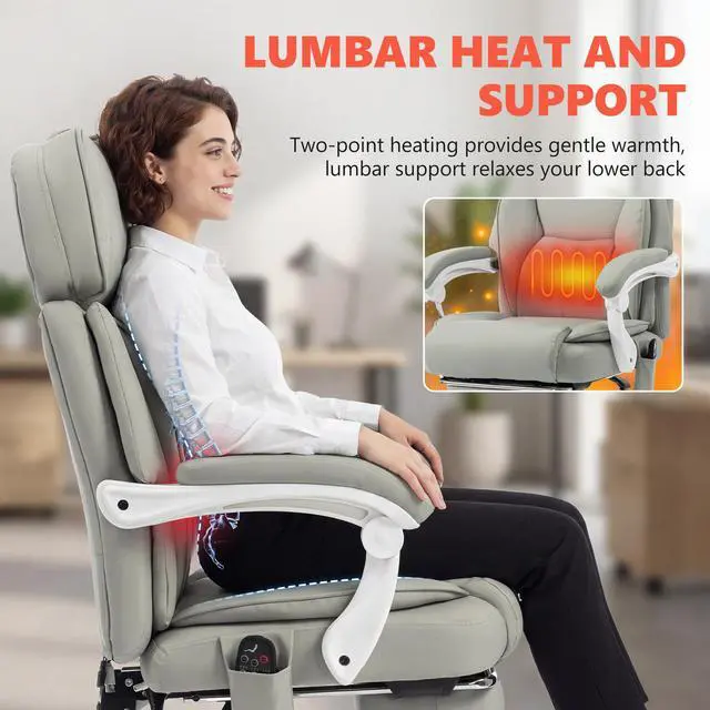 Alt view image 6 of 6 - Massage Office Chair with Lumbar Heat, Ergonomic Executive Desk Chair with Adjustable Headrest, 6 Points Vibration, High Back, Reclining, Padded Armrests, Footrest, PU Leather, Light Gray