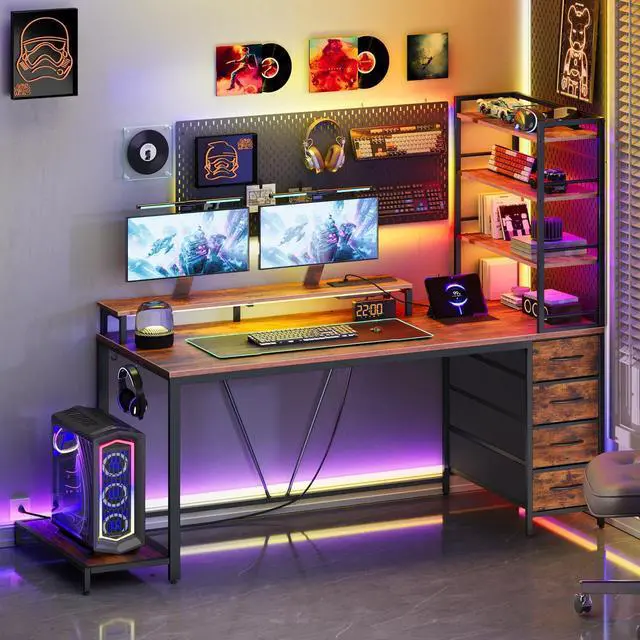 Main image of Computer Desk with Shelves and Drawers, 43.3 Inch Gaming Desk with Charging Station and LED Lights, Desk Workstation with Monitor Stand and Storage for Home Office, Rustic Brown