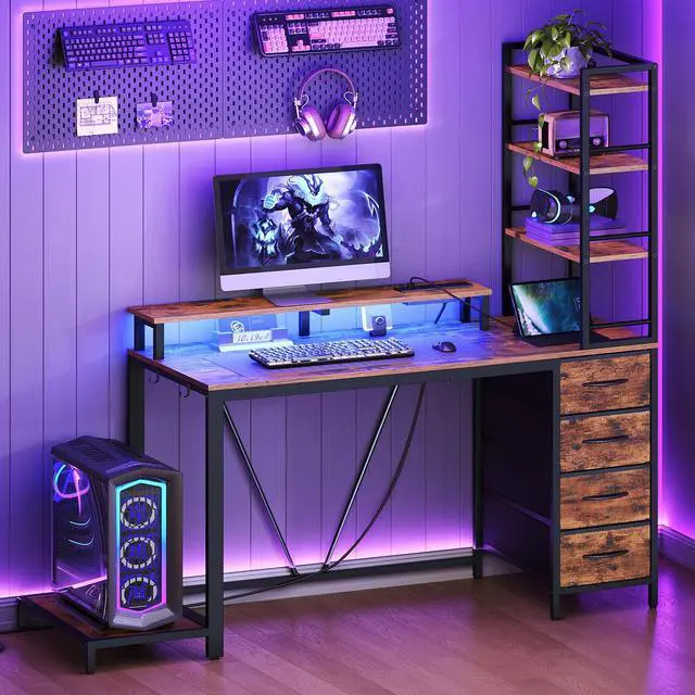 Alt view image 2 of 6 - Computer Desk with Shelves and Drawers, 43.3 Inch Gaming Desk with Charging Station and LED Lights, Desk Workstation with Monitor Stand and Storage for Home Office, Rustic Brown