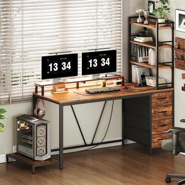 Alt view image 3 of 6 - Computer Desk with Shelves and Drawers, 43.3 Inch Gaming Desk with Charging Station and LED Lights, Desk Workstation with Monitor Stand and Storage for Home Office, Rustic Brown