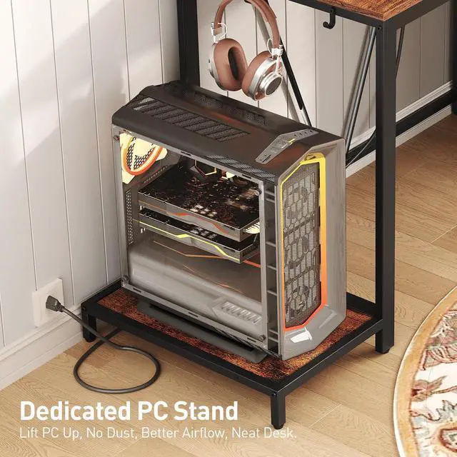 Alt view image 5 of 6 - Computer Desk with Shelves and Drawers, 43.3 Inch Gaming Desk with Charging Station and LED Lights, Desk Workstation with Monitor Stand and Storage for Home Office, Rustic Brown