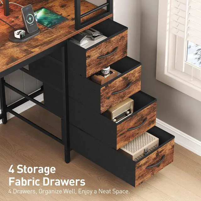 Alt view image 6 of 6 - Computer Desk with Shelves and Drawers, 43.3 Inch Gaming Desk with Charging Station and LED Lights, Desk Workstation with Monitor Stand and Storage for Home Office, Rustic Brown