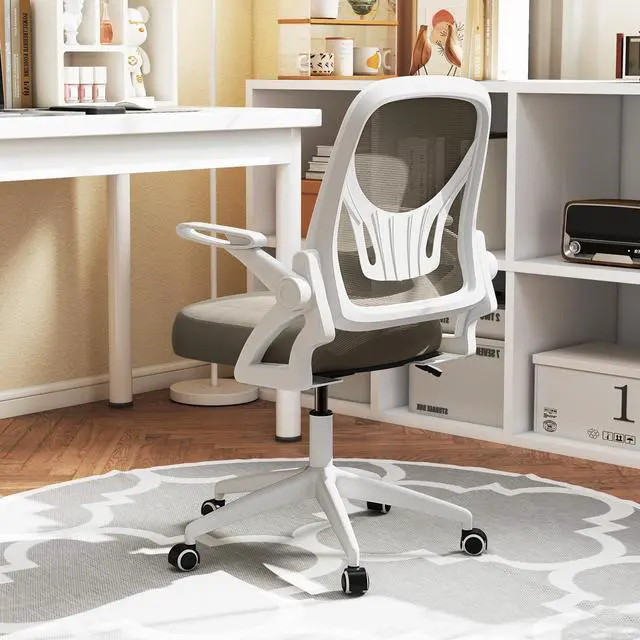 Alt view image 2 of 6 - Mesh Office Chair, Ergonomic Desk Chair with Flip-up Arms & Lumbar Support, Height Adjustable Swivel Computer Desk Chair with High Back for Home Office (Khaki)