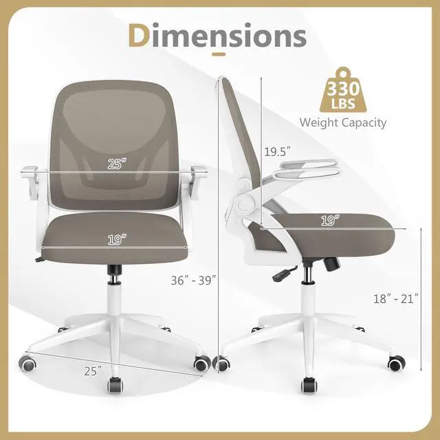 Alt view image 3 of 6 - Mesh Office Chair, Ergonomic Desk Chair with Flip-up Arms & Lumbar Support, Height Adjustable Swivel Computer Desk Chair with High Back for Home Office (Khaki)