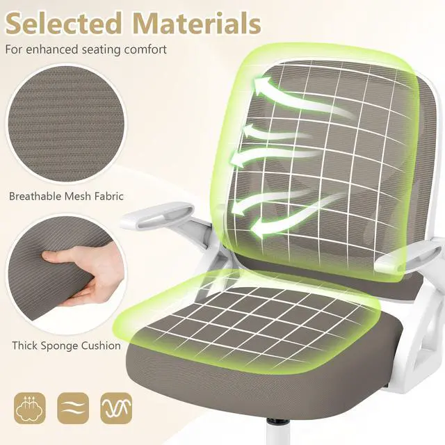 Alt view image 4 of 6 - Mesh Office Chair, Ergonomic Desk Chair with Flip-up Arms & Lumbar Support, Height Adjustable Swivel Computer Desk Chair with High Back for Home Office (Khaki)