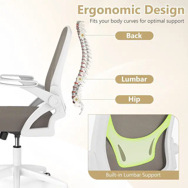 Alt view image 5 of 6 - Mesh Office Chair, Ergonomic Desk Chair with Flip-up Arms & Lumbar Support, Height Adjustable Swivel Computer Desk Chair with High Back for Home Office (Khaki)