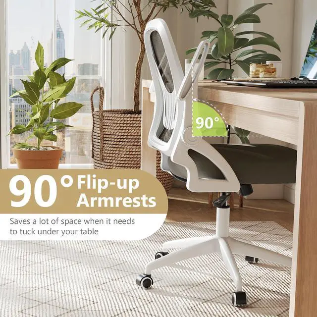 Alt view image 6 of 6 - Mesh Office Chair, Ergonomic Desk Chair with Flip-up Arms & Lumbar Support, Height Adjustable Swivel Computer Desk Chair with High Back for Home Office (Khaki)