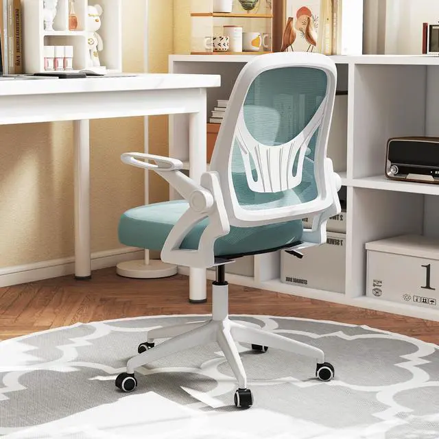 Alt view image 2 of 6 - Mesh Office Chair, Ergonomic Desk Chair with Flip-up Arms & Lumbar Support, Height Adjustable Swivel Computer Desk Chair with High Back for Home Office (Blue)