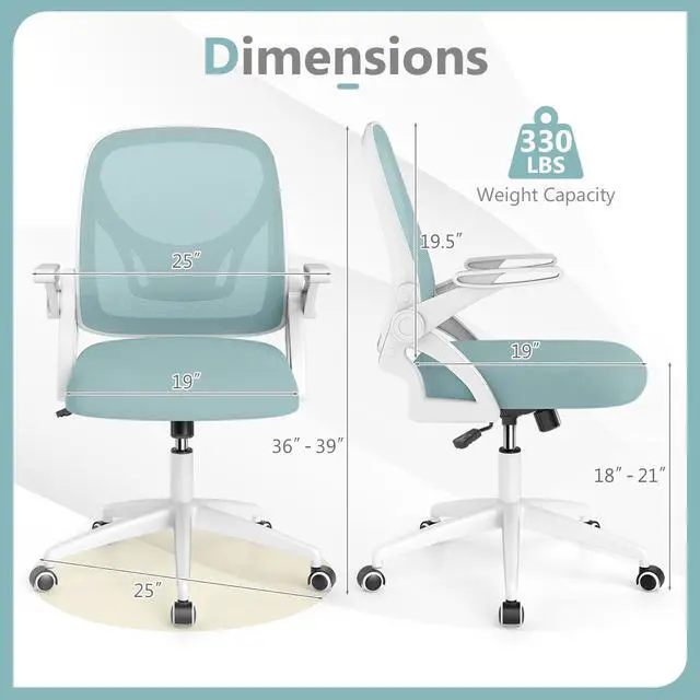 Alt view image 3 of 6 - Mesh Office Chair, Ergonomic Desk Chair with Flip-up Arms & Lumbar Support, Height Adjustable Swivel Computer Desk Chair with High Back for Home Office (Blue)