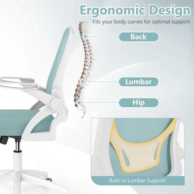 Alt view image 4 of 6 - Mesh Office Chair, Ergonomic Desk Chair with Flip-up Arms & Lumbar Support, Height Adjustable Swivel Computer Desk Chair with High Back for Home Office (Blue)