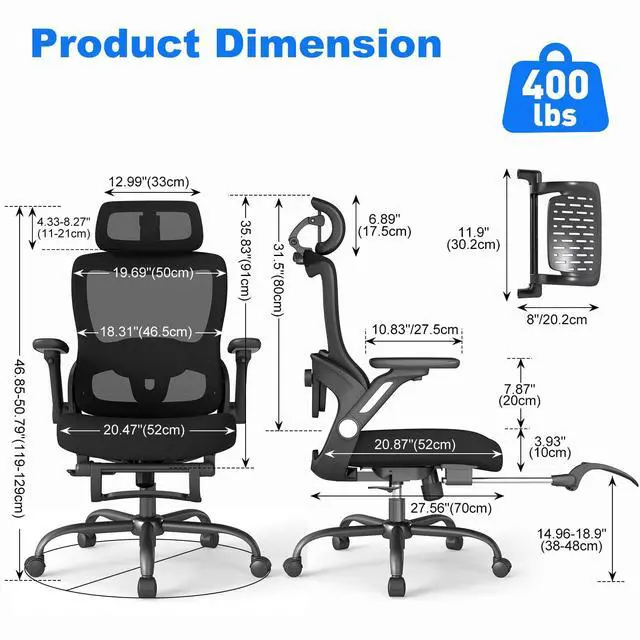 Alt view image 2 of 6 - Ergonomic Office Chair with Footrest, High-Back Home Desk Chair with Adjustable Lumbar Support, Headrest, Flip-Up Arms, 90-135° Tilt Lock, and Wide Cushion, Big and Tall Mesh Computer Seating