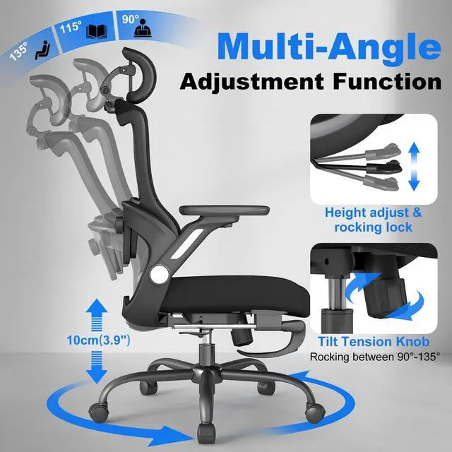 Alt view image 4 of 6 - Ergonomic Office Chair with Footrest, High-Back Home Desk Chair with Adjustable Lumbar Support, Headrest, Flip-Up Arms, 90-135° Tilt Lock, and Wide Cushion, Big and Tall Mesh Computer Seating