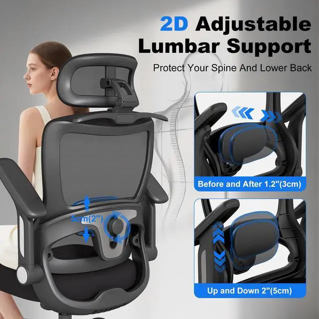 Alt view image 5 of 6 - Ergonomic Office Chair with Footrest, High-Back Home Desk Chair with Adjustable Lumbar Support, Headrest, Flip-Up Arms, 90-135° Tilt Lock, and Wide Cushion, Big and Tall Mesh Computer Seating