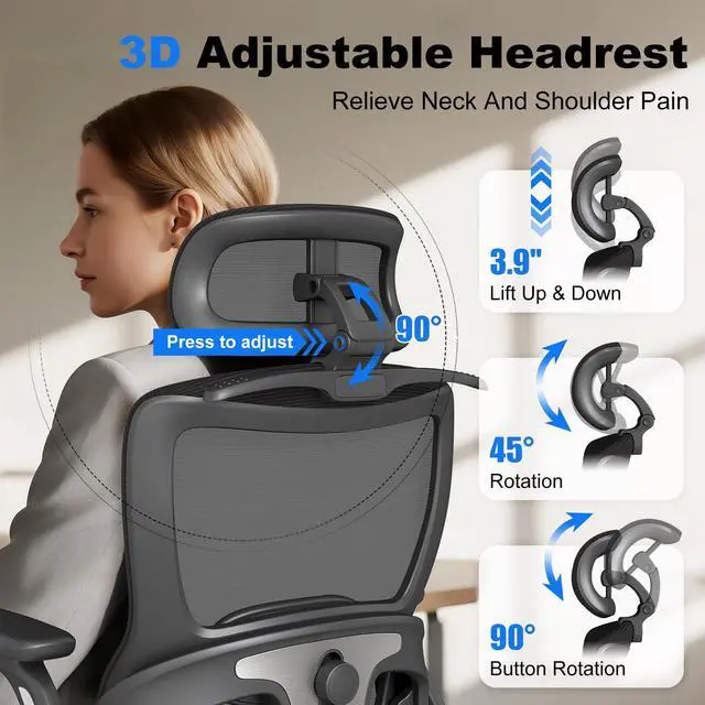 Alt view image 6 of 6 - Ergonomic Office Chair with Footrest, High-Back Home Desk Chair with Adjustable Lumbar Support, Headrest, Flip-Up Arms, 90-135° Tilt Lock, and Wide Cushion, Big and Tall Mesh Computer Seating