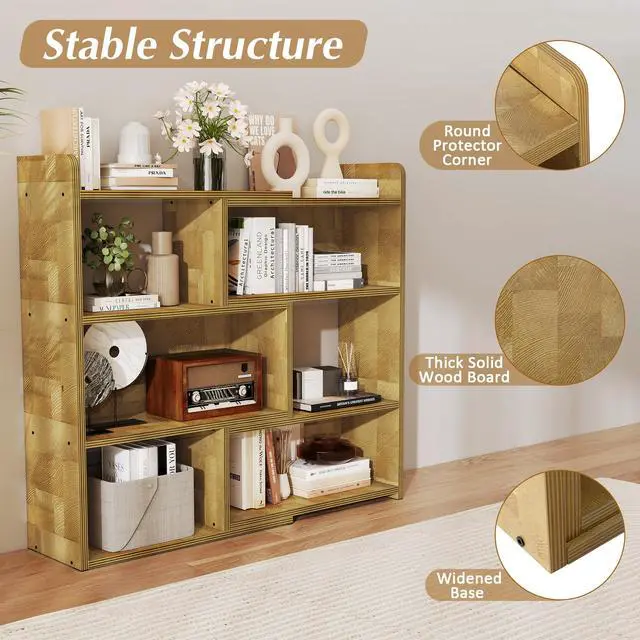 Alt view image 3 of 6 - 3-Tier Ladder Open Storage Bookcase, End-Grain Natural Wood Expandable Bookshelf, Light Oak Finish Open Storage Organizer for Home Office, Living Room and Bedroom