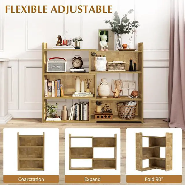Alt view image 5 of 6 - 3-Tier Ladder Open Storage Bookcase, End-Grain Natural Wood Expandable Bookshelf, Light Oak Finish Open Storage Organizer for Home Office, Living Room and Bedroom