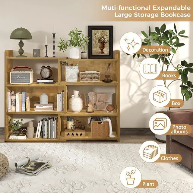 Alt view image 6 of 6 - 3-Tier Ladder Open Storage Bookcase, End-Grain Natural Wood Expandable Bookshelf, Light Oak Finish Open Storage Organizer for Home Office, Living Room and Bedroom