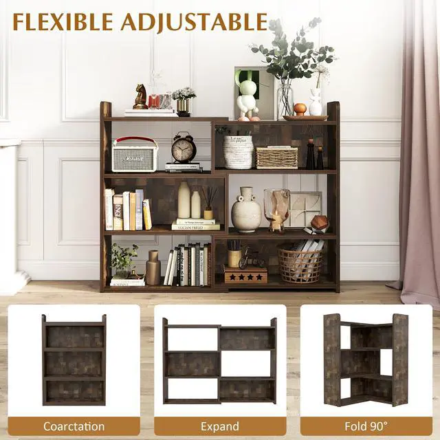 Alt view image 5 of 6 - Wooden Expandable Bookcase, 3-Tier Ladder Open Storage Bookshelf, Storage Organizer Bookcase for Study Office Living Room, Brown