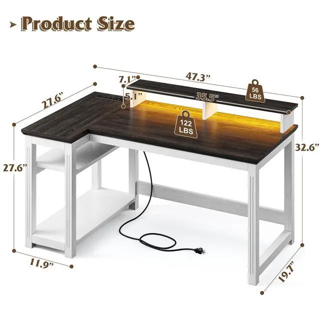 Alt view image 2 of 6 - Farmhouse L Shaped Computer Desk with Shelves,Office Desk with Power Outlets & LED Lights,47" Desks with Long Monitor Stand for Bedroom,Study Writing Desks for Home Office Work White