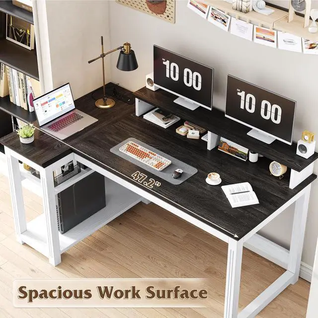 Alt view image 3 of 6 - Farmhouse L Shaped Computer Desk with Shelves,Office Desk with Power Outlets & LED Lights,47" Desks with Long Monitor Stand for Bedroom,Study Writing Desks for Home Office Work White