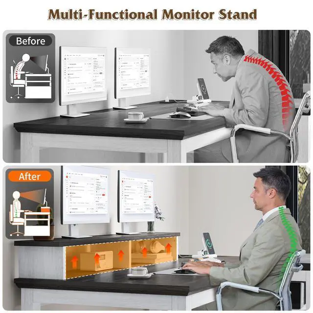 Alt view image 5 of 6 - Farmhouse L Shaped Computer Desk with Shelves,Office Desk with Power Outlets & LED Lights,47" Desks with Long Monitor Stand for Bedroom,Study Writing Desks for Home Office Work White