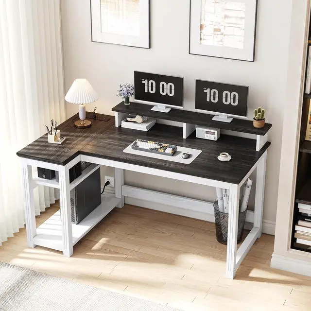 Alt view image 6 of 6 - Farmhouse L Shaped Computer Desk with Shelves,Office Desk with Power Outlets & LED Lights,47" Desks with Long Monitor Stand for Bedroom,Study Writing Desks for Home Office Work White