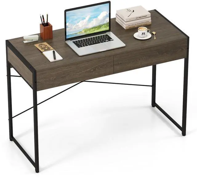 Main image of Computer Desk with 2 Drawers, 44 Inch Home Office Desk with Metal Frame & Anti-Toppling Device, Modern Writing Desk Study Desk, Compact Laptop PC Desk for Small Space (Grey)