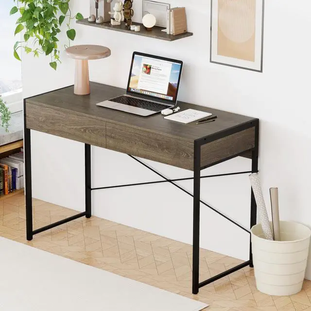 Alt view image 2 of 6 - Computer Desk with 2 Drawers, 44 Inch Home Office Desk with Metal Frame & Anti-Toppling Device, Modern Writing Desk Study Desk, Compact Laptop PC Desk for Small Space (Grey)