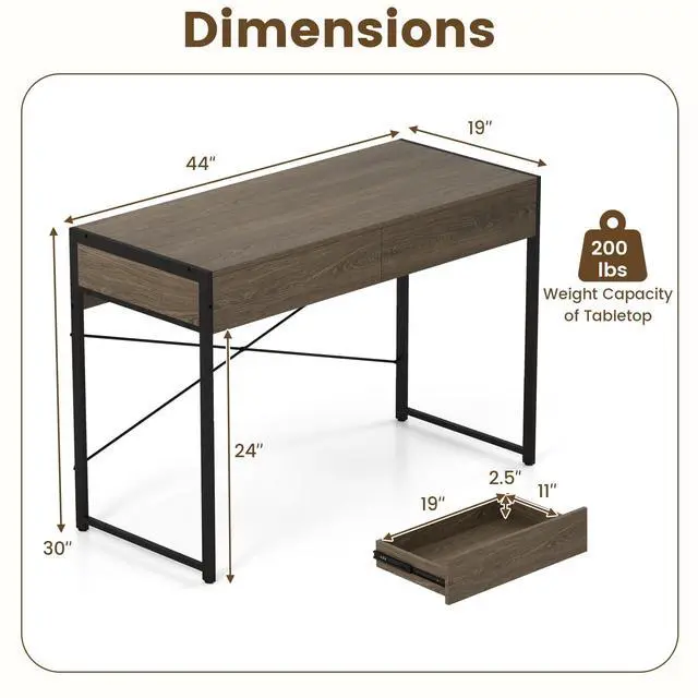 Alt view image 3 of 6 - Computer Desk with 2 Drawers, 44 Inch Home Office Desk with Metal Frame & Anti-Toppling Device, Modern Writing Desk Study Desk, Compact Laptop PC Desk for Small Space (Grey)