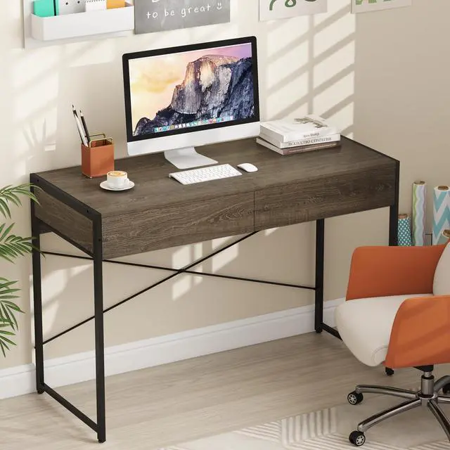 Alt view image 4 of 6 - Computer Desk with 2 Drawers, 44 Inch Home Office Desk with Metal Frame & Anti-Toppling Device, Modern Writing Desk Study Desk, Compact Laptop PC Desk for Small Space (Grey)