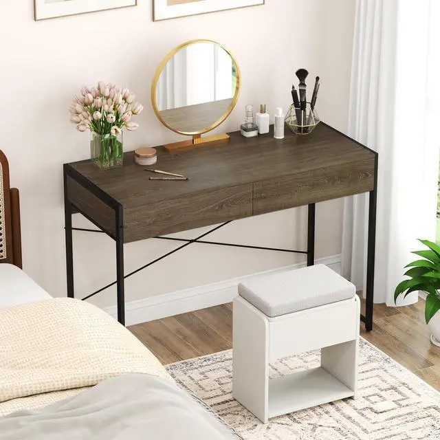 Alt view image 5 of 6 - Computer Desk with 2 Drawers, 44 Inch Home Office Desk with Metal Frame & Anti-Toppling Device, Modern Writing Desk Study Desk, Compact Laptop PC Desk for Small Space (Grey)