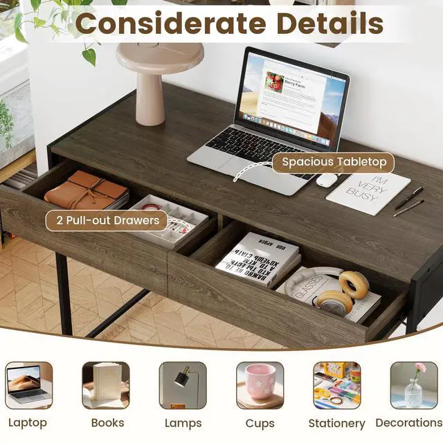 Alt view image 6 of 6 - Computer Desk with 2 Drawers, 44 Inch Home Office Desk with Metal Frame & Anti-Toppling Device, Modern Writing Desk Study Desk, Compact Laptop PC Desk for Small Space (Grey)
