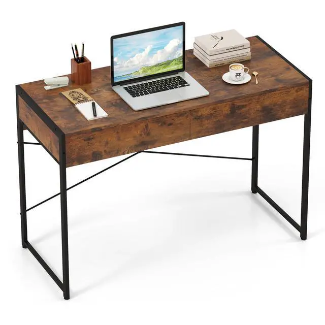 Main image of Computer Desk with 2 Drawers, 44 Inch Home Office Desk with Metal Frame & Anti-Toppling Device, Modern Writing Desk Study Desk, Compact Laptop PC Desk for Small Space (Rustic Brown)