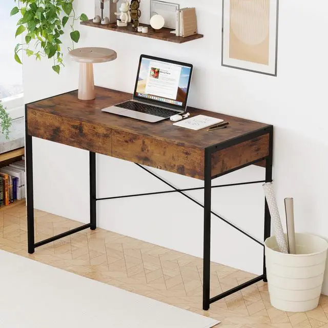 Alt view image 2 of 6 - Computer Desk with 2 Drawers, 44 Inch Home Office Desk with Metal Frame & Anti-Toppling Device, Modern Writing Desk Study Desk, Compact Laptop PC Desk for Small Space (Rustic Brown)