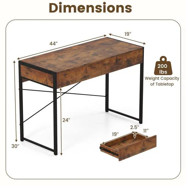 Alt view image 3 of 6 - Computer Desk with 2 Drawers, 44 Inch Home Office Desk with Metal Frame & Anti-Toppling Device, Modern Writing Desk Study Desk, Compact Laptop PC Desk for Small Space (Rustic Brown)