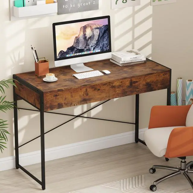 Alt view image 4 of 6 - Computer Desk with 2 Drawers, 44 Inch Home Office Desk with Metal Frame & Anti-Toppling Device, Modern Writing Desk Study Desk, Compact Laptop PC Desk for Small Space (Rustic Brown)