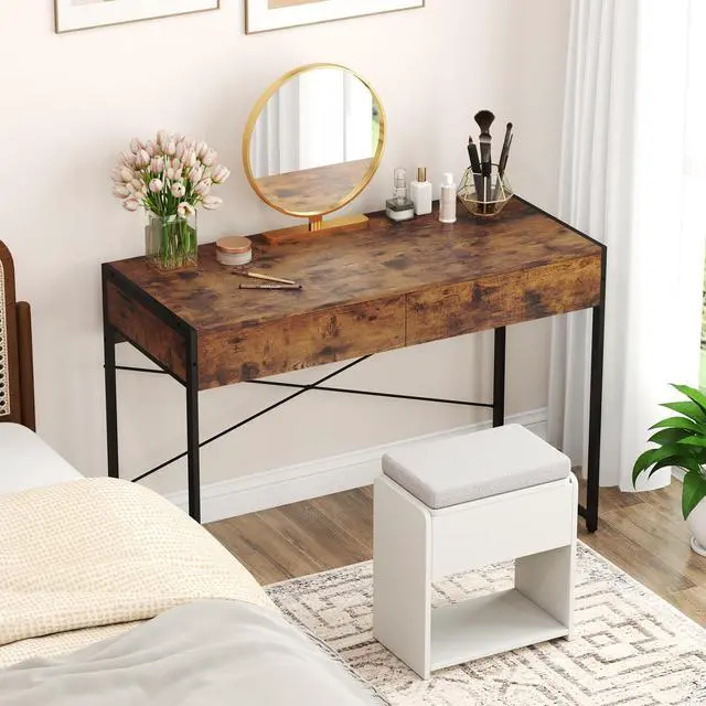 Alt view image 5 of 6 - Computer Desk with 2 Drawers, 44 Inch Home Office Desk with Metal Frame & Anti-Toppling Device, Modern Writing Desk Study Desk, Compact Laptop PC Desk for Small Space (Rustic Brown)