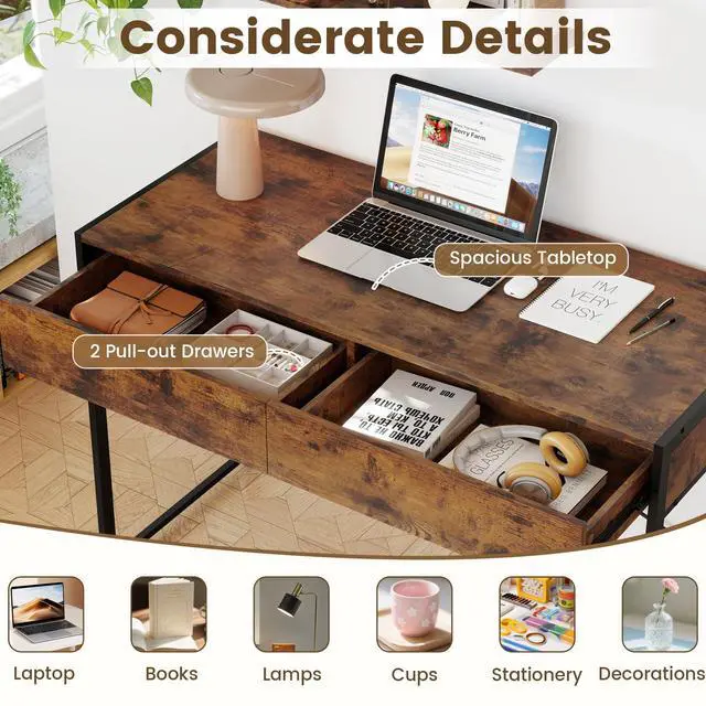 Alt view image 6 of 6 - Computer Desk with 2 Drawers, 44 Inch Home Office Desk with Metal Frame & Anti-Toppling Device, Modern Writing Desk Study Desk, Compact Laptop PC Desk for Small Space (Rustic Brown)